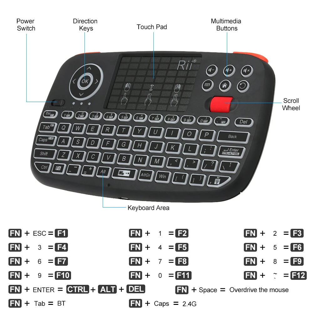 Teclado sem Fio Rii I4 Mini, Bluetooth, Touchpad, 2.4Ghz