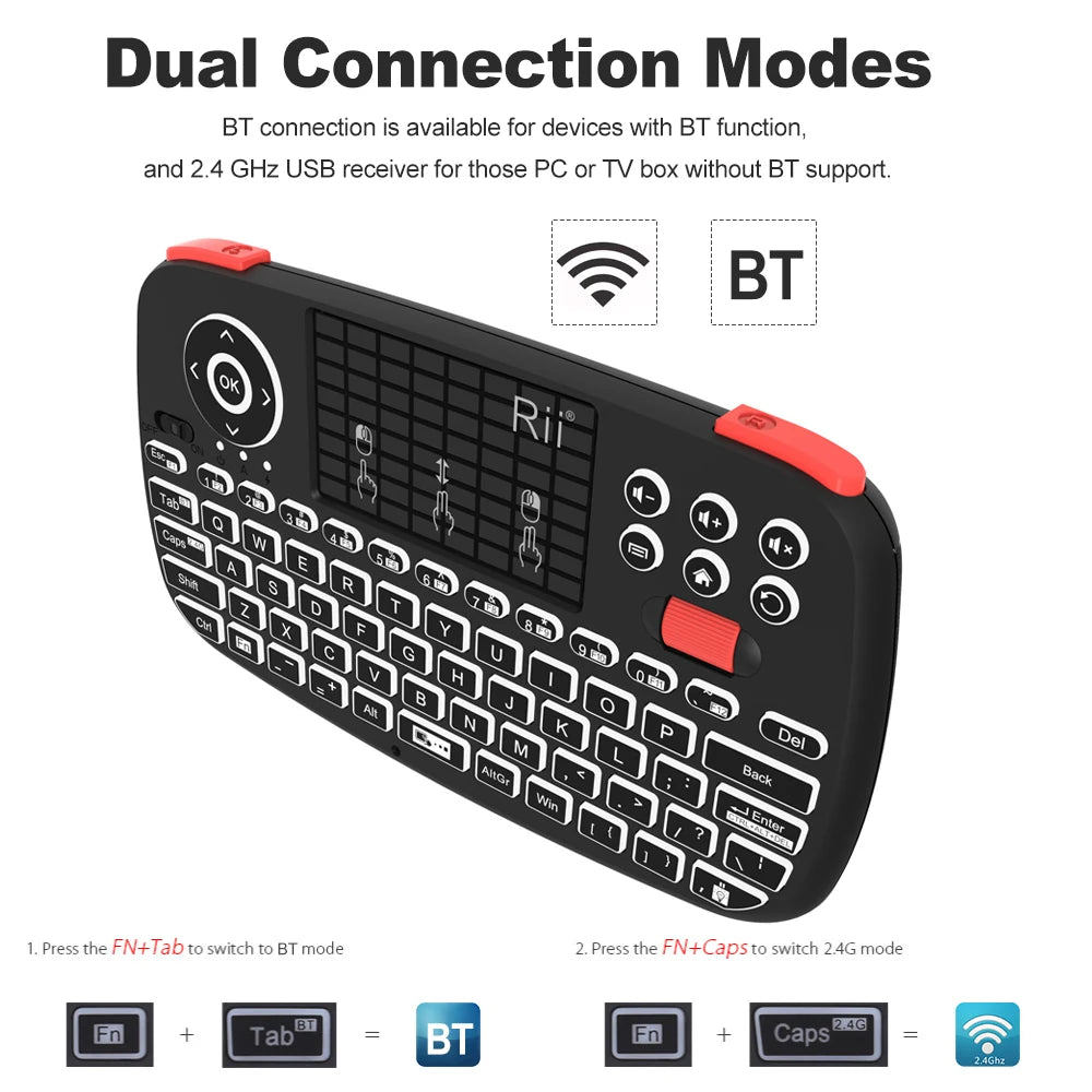Teclado sem Fio Rii I4 Mini, Bluetooth, Touchpad, 2.4Ghz