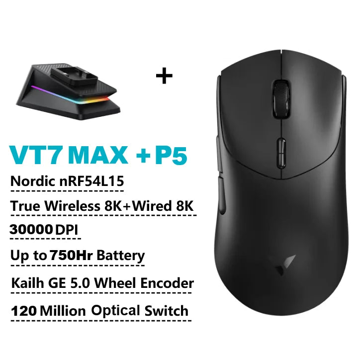 Mouse Gamer Sem Fio Rapoo VT7 MAX / VT7 com Taxa de Polling 8K Real, Leve (53g) e Bateria com Duração de até 750 Horas
