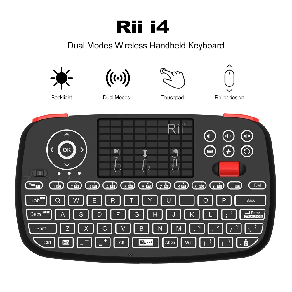 Teclado sem Fio Rii I4 Mini, Bluetooth, Touchpad, 2.4Ghz