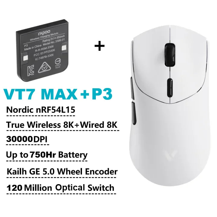 Mouse Gamer Sem Fio Rapoo VT7 MAX / VT7 com Taxa de Polling 8K Real, Leve (53g) e Bateria com Duração de até 750 Horas